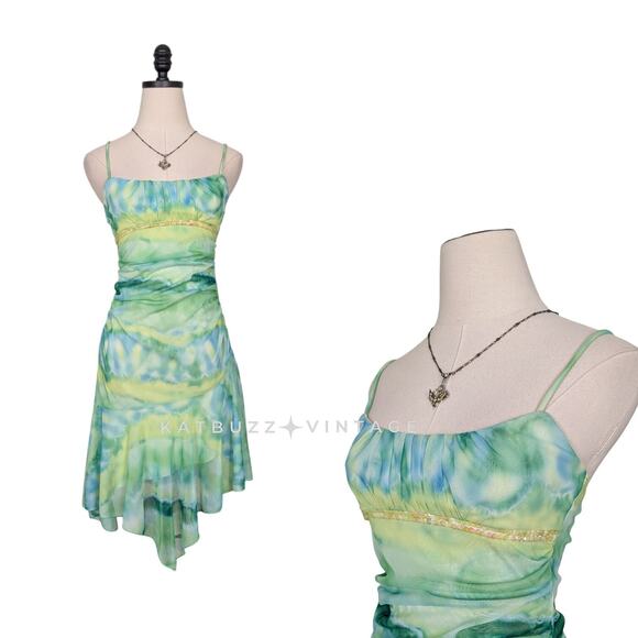 XOXO Dresses & Skirts - Vintage Fairy Midi Dress S Green Blue Tie Dye Y2K Empire Sequin Watercolor Mesh